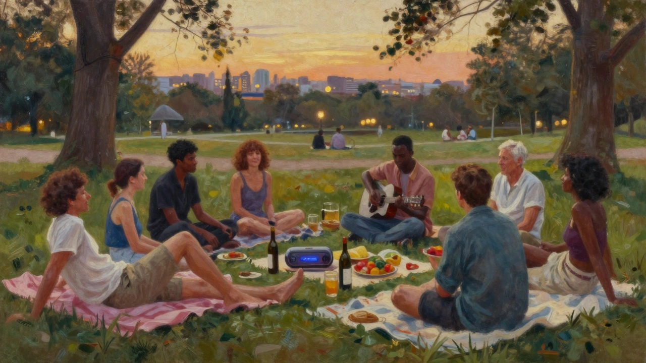 People of all ages and backgrounds relax on blankets in Parc de la Villette, sharing food and music at sunset.