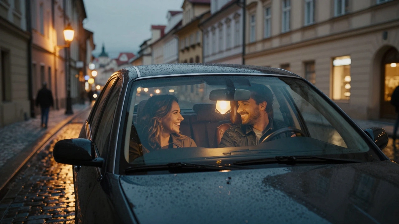 Private car driving through rain-soaked Prague streets at twilight, couple laughing inside.