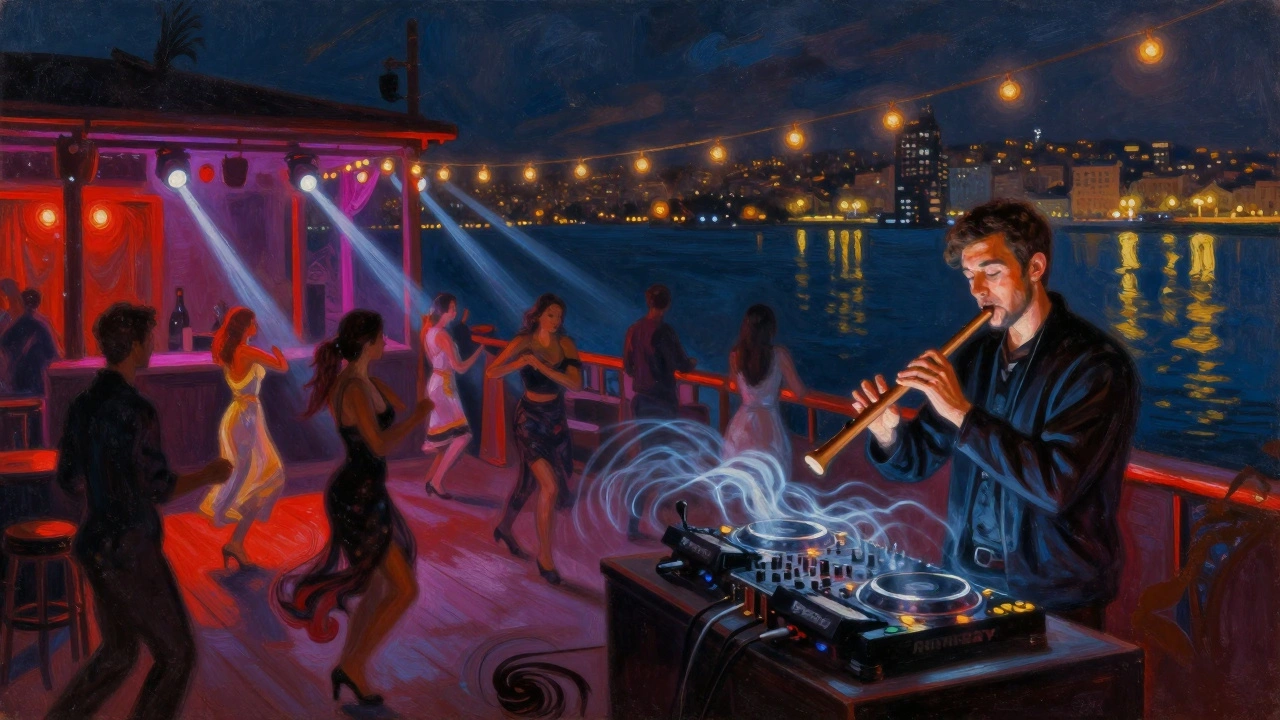 Rooftop nightclub Reina at night, dancers under pulsing lights with Istanbul’s skyline reflecting on the water.