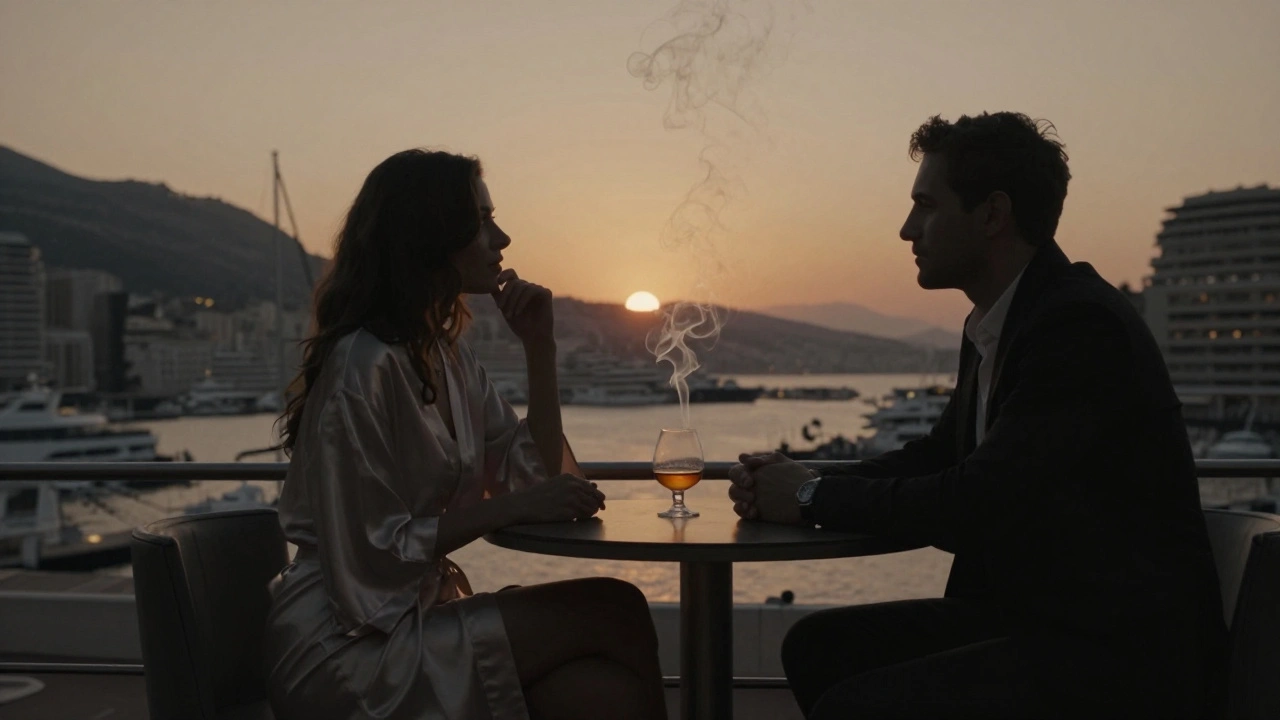 Two silhouettes sit in quiet communion at dawn, smoke curling around a glass of cognac in a secret speakeasy.