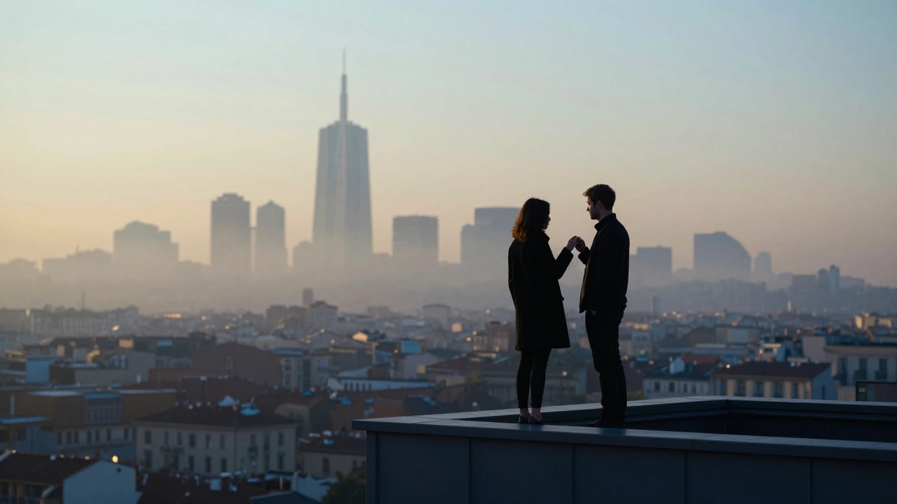 Two silhouettes stand in silent connection on a Milan rooftop at dawn, city lights fading behind them.