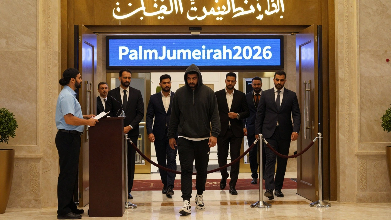 A bouncer turns away a man in a hoodie while elegantly dressed guests pass effortlessly into a luxury nightclub.