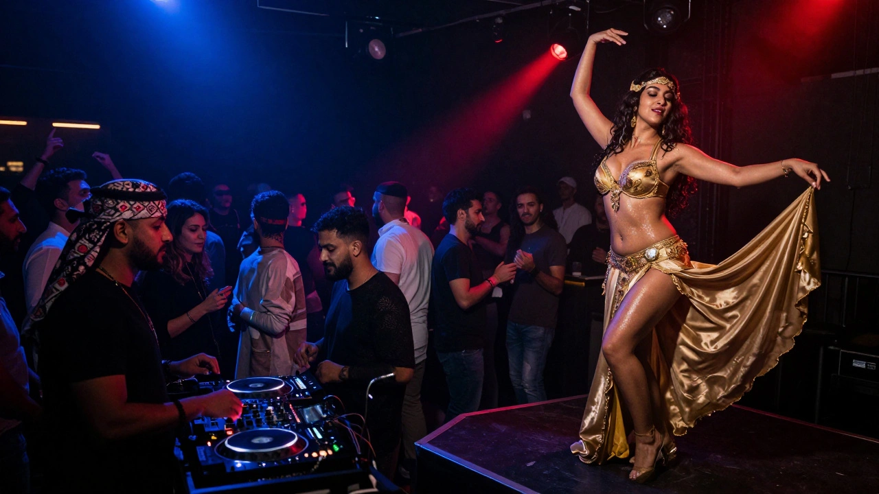 A diverse crowd dances in an underground Dubai club as a belly dancer performs under pulsing neon lights.