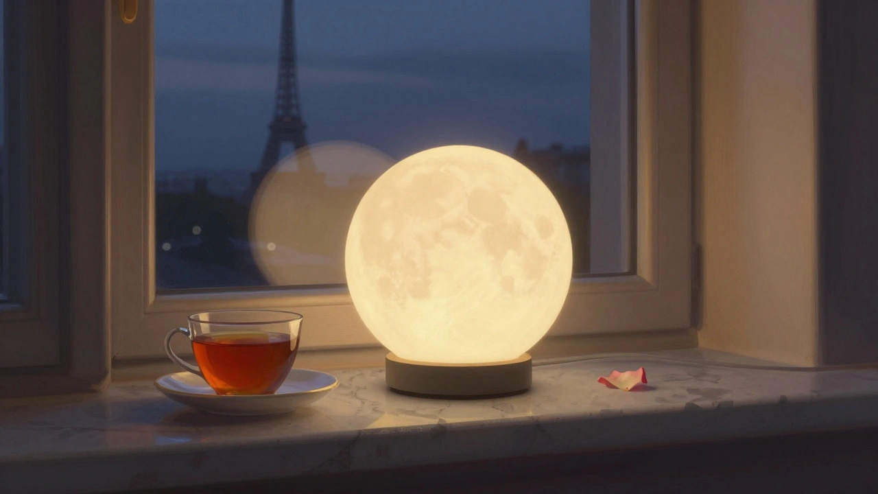 A gentle, glowing French pleasure device rests on a windowsill with a rose petal and tea cup.