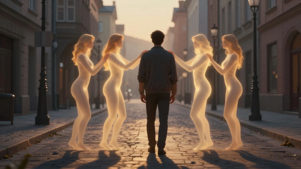 A man's shadow is gently touched by three glowing female figures, symbolizing emotional healing from companions in Eastern Europe.