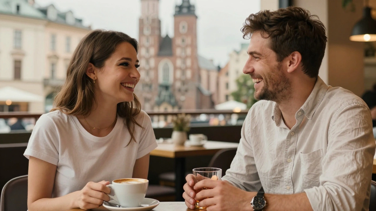 A man and woman laugh over coffee in a Krakow café, natural lighting, soft focus on their expressions of quiet connection.