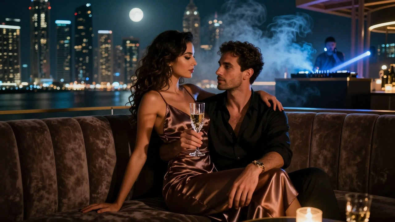 A man in a velvet booth shares an intimate moment with a dancer under moonlight, the Dubai skyline shimmering behind them.
