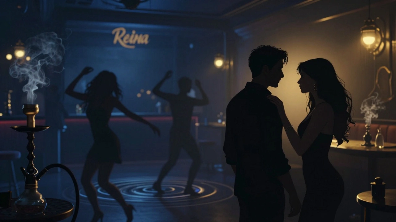 A nightclub interior with dancers moving around patrons in low, moody lighting.