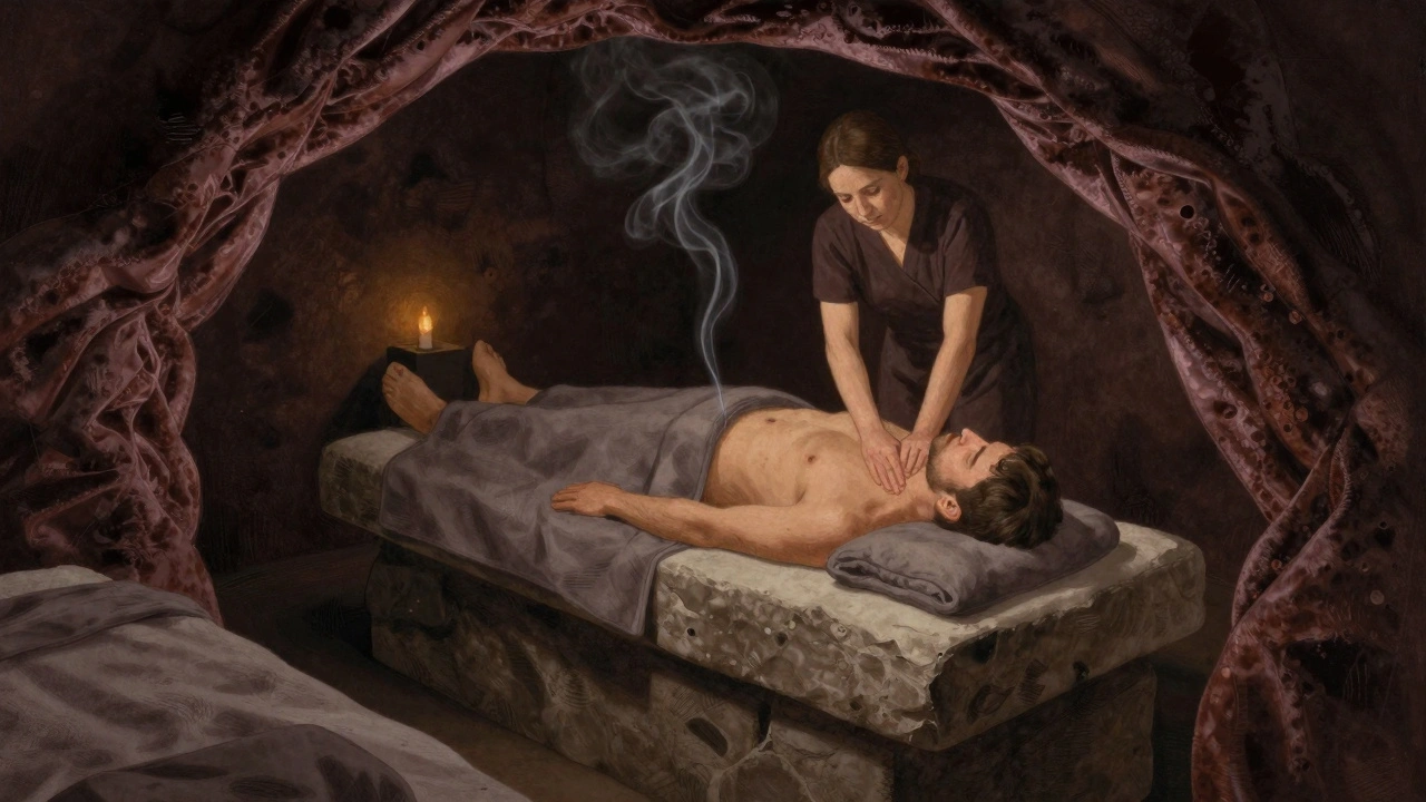 A person lying on a heated stone lounger in a velvet cave while a masseuse gently works their shoulders in silence.