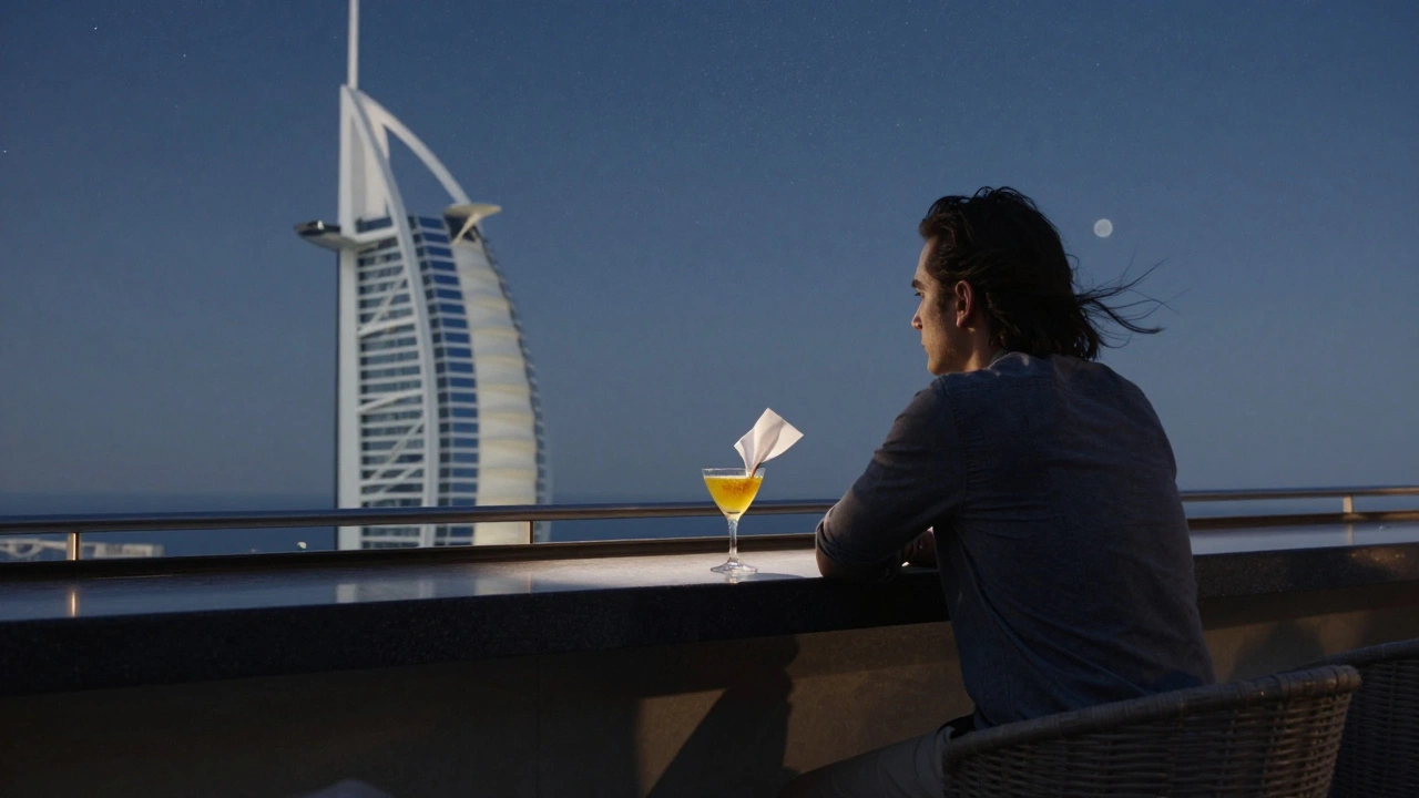 A quiet solo traveler at an open-air rooftop bar under starlit skies with Burj Al Arab in the distance.