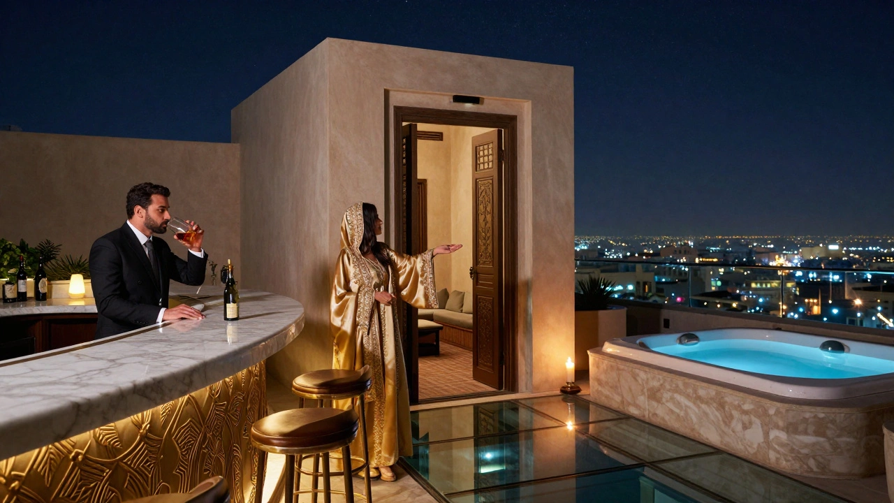 A rooftop lounge with glass floor revealing city lights below, a man and woman near a hidden terrace with a hot tub and candle.