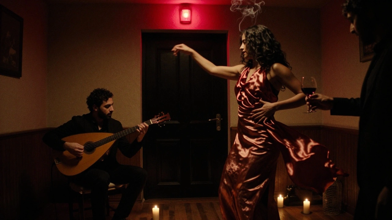 A secluded backroom with a dancer in silk, oud music, and a single red light, evoking quiet intimacy and touch.