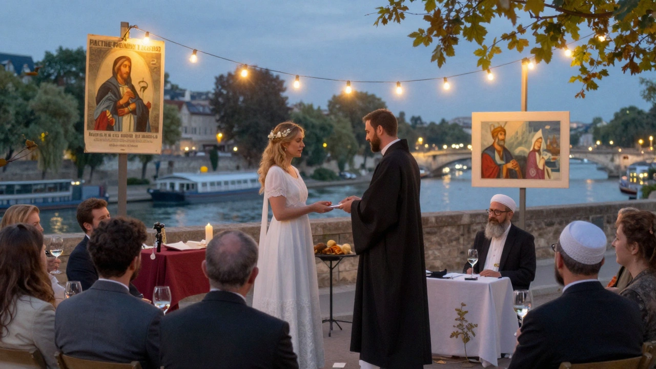A secular blessing ceremony on the Seine riverbank, with religious leaders seated as guests among joyful friends at dusk.
