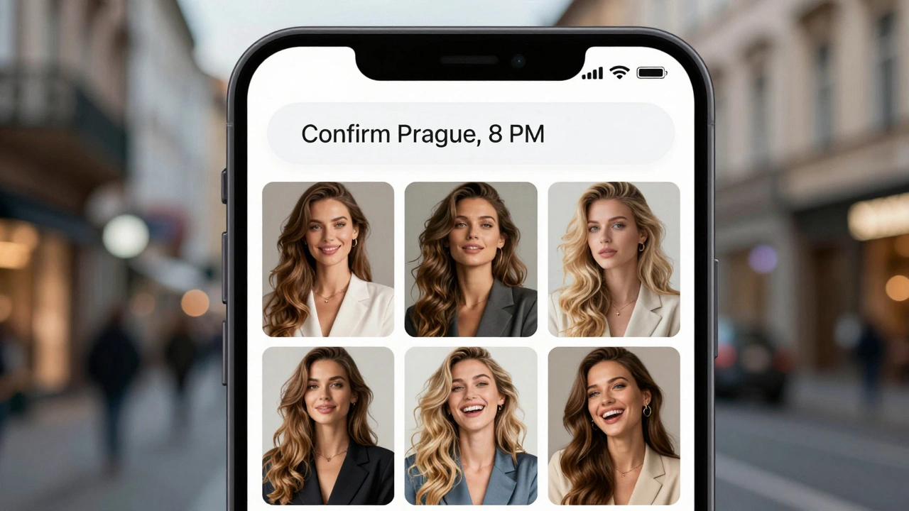 A smartphone showing a private gallery of elegant Eastern European women on a Telegram chat, with a booking message.