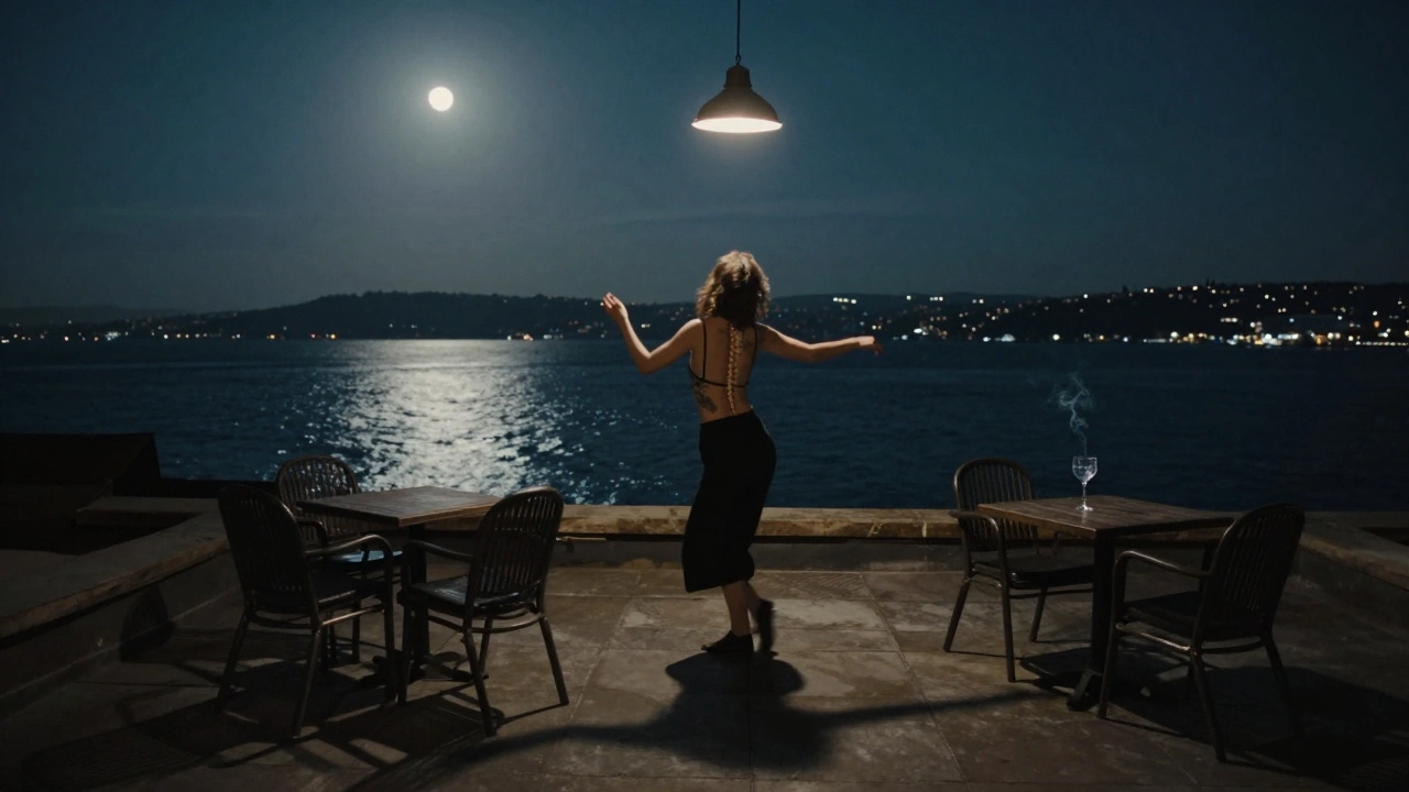 A solitary dancer on a moonlit rooftop overlooking the Bosphorus at night.