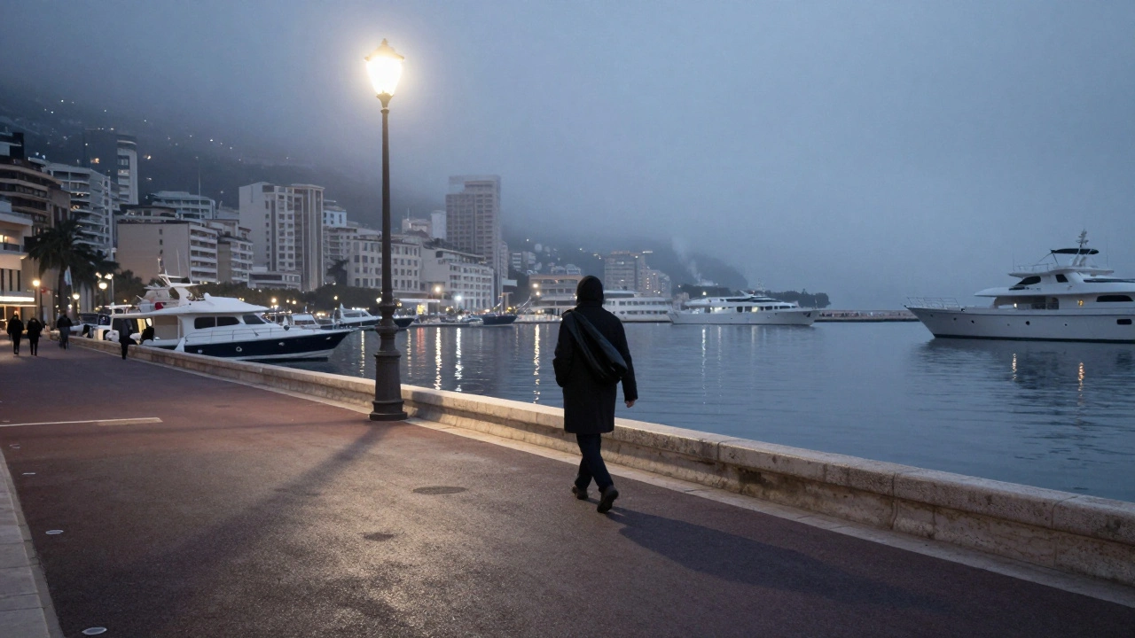 A solitary figure walking along Monaco's empty harbor at dawn, coat over shoulder, the calm sea mirroring the fading stars.