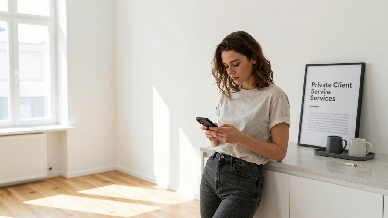 A woman in a minimalist Budapest studio checks her phone, LinkedIn profile visible, sunlight highlighting her natural look and coffee tray.