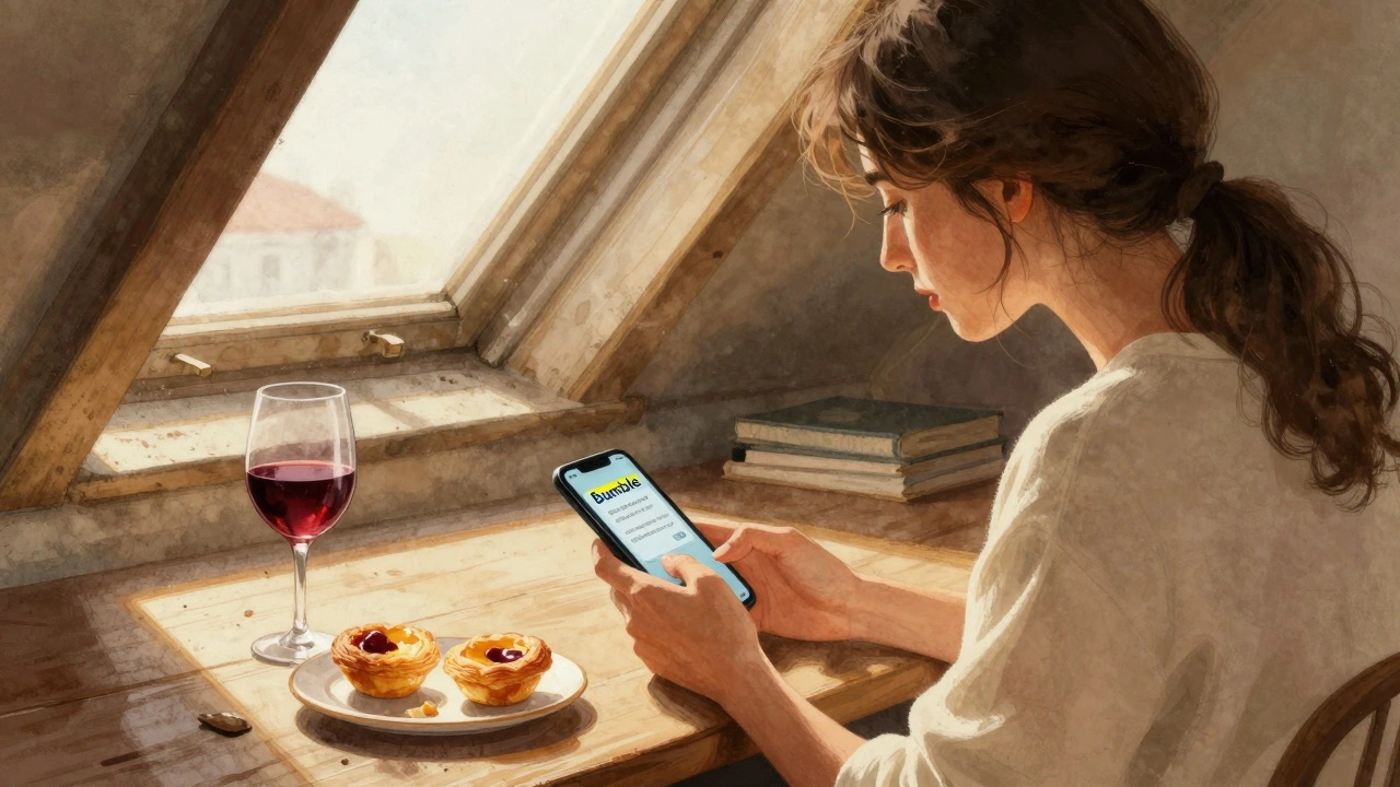 A woman in a sunlit Lisbon attic typing on her phone with wine and pastries nearby.