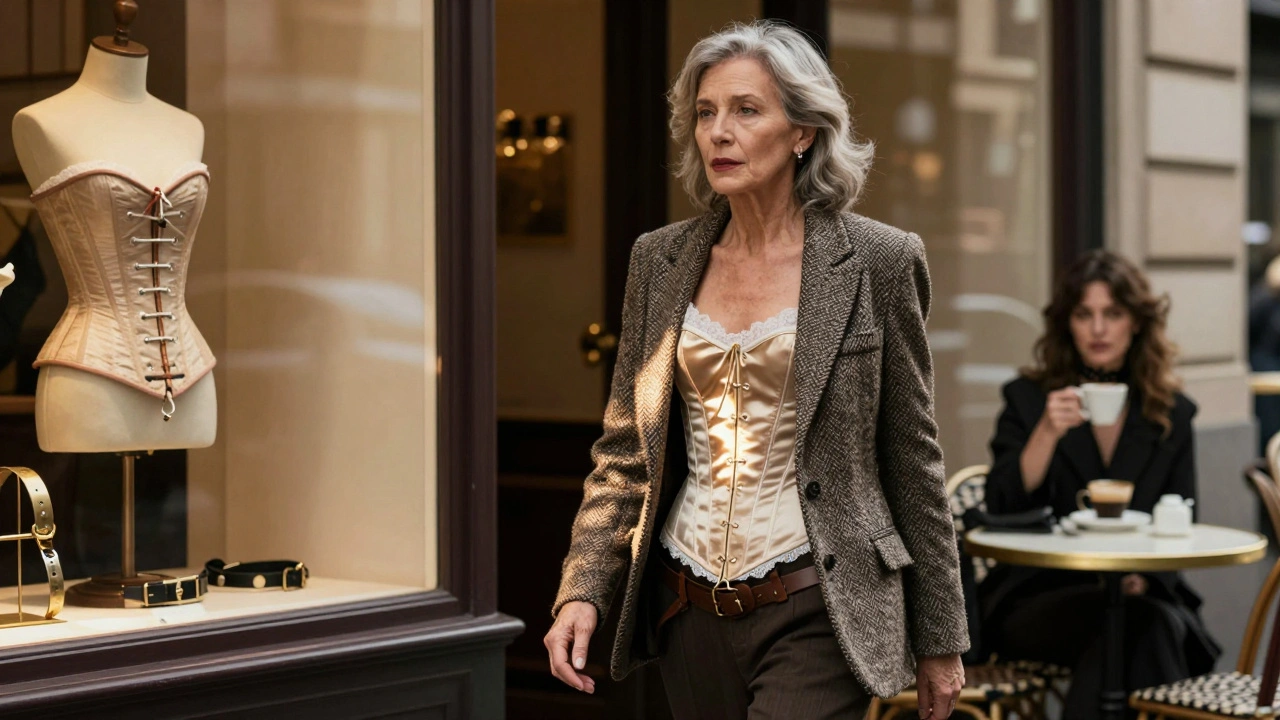 A woman in a tweed blazer and silk corset walking past a fetish boutique in Paris, sunlight on lace.