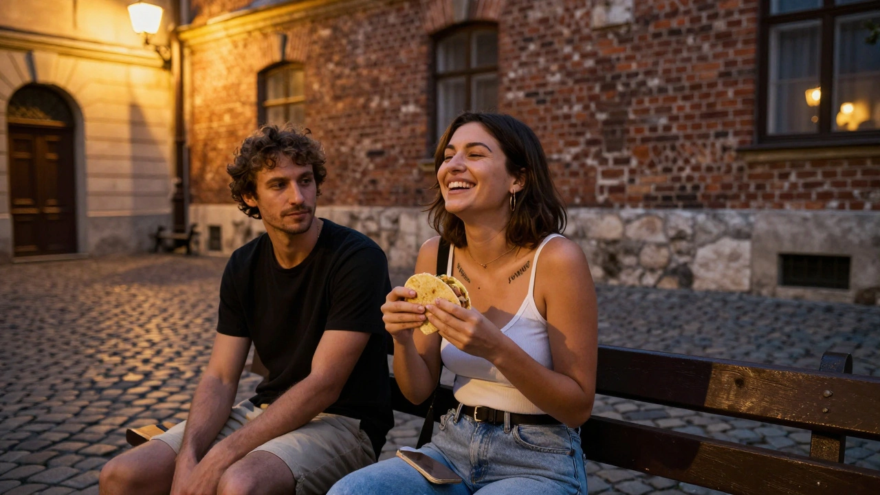 A woman laughing while eating a taco on a Lviv bench, a man beside her gazing in quiet awe under twilight streetlights.