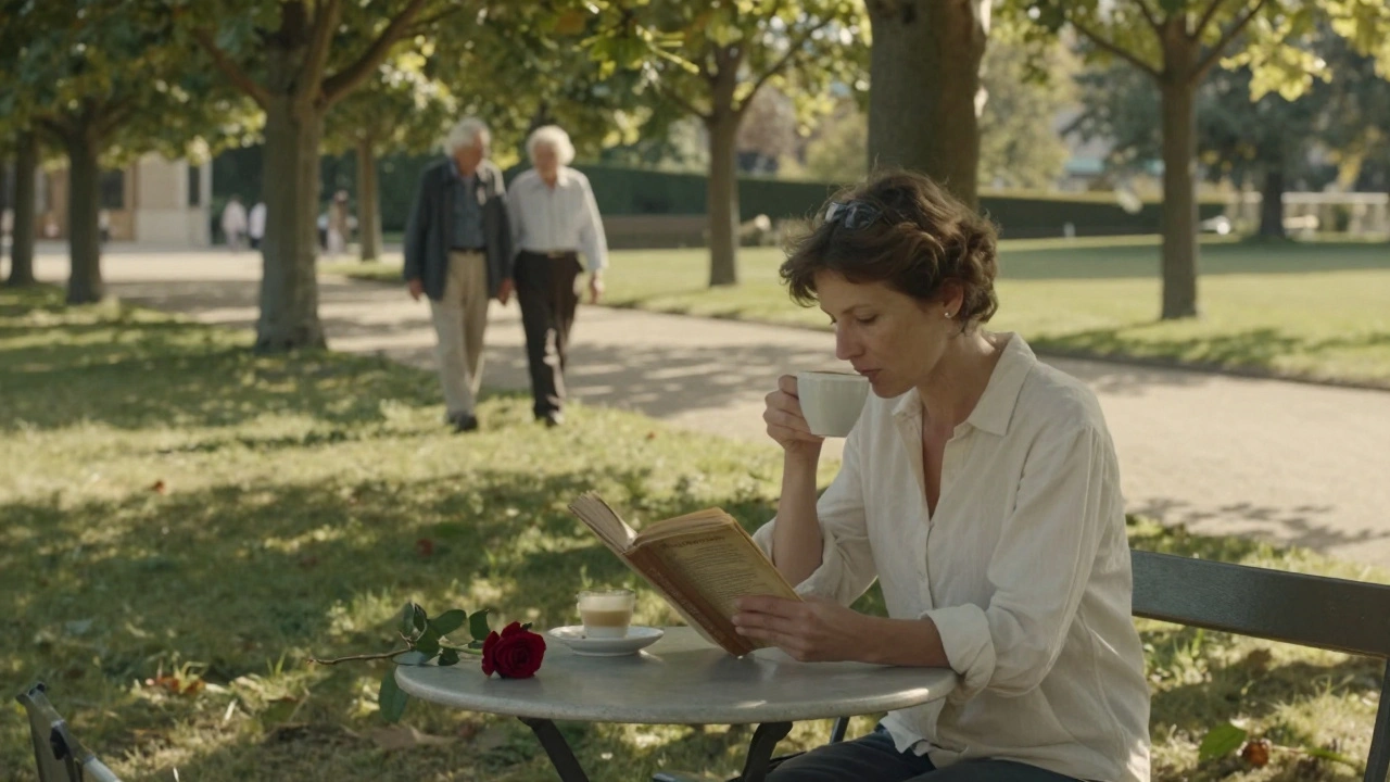 A woman reads poetry alone in a Parisian garden, sunlight filtering through trees.