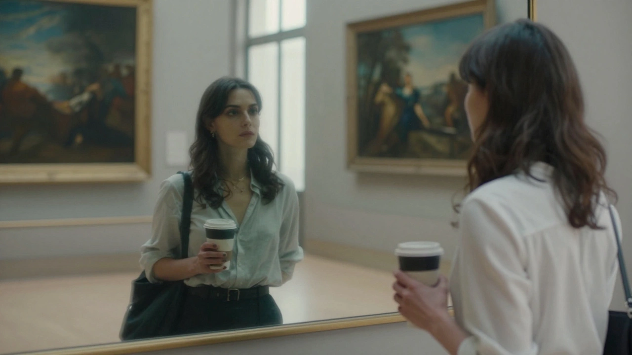 A woman sees shifting reflections of herself in a mirror at an art museum.