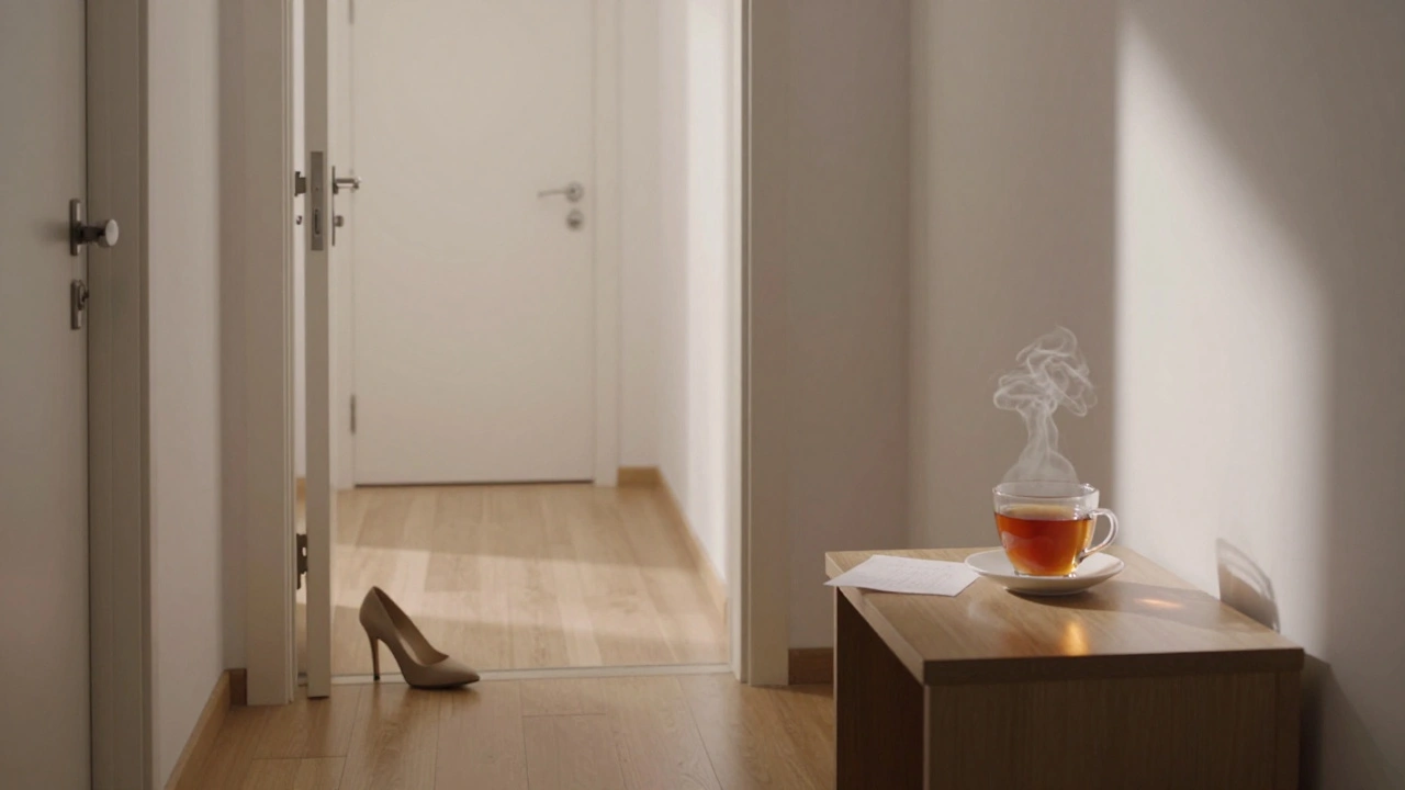 An empty hotel hallway at dawn with a single high-heeled shoe and a steaming cup of tea, suggesting a meaningful but fleeting encounter.