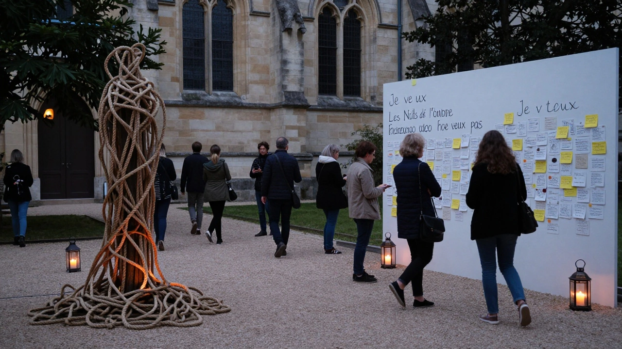 Attendees reflecting before art installations of ropes and whispered consent phrases at a nocturnal cultural festival.