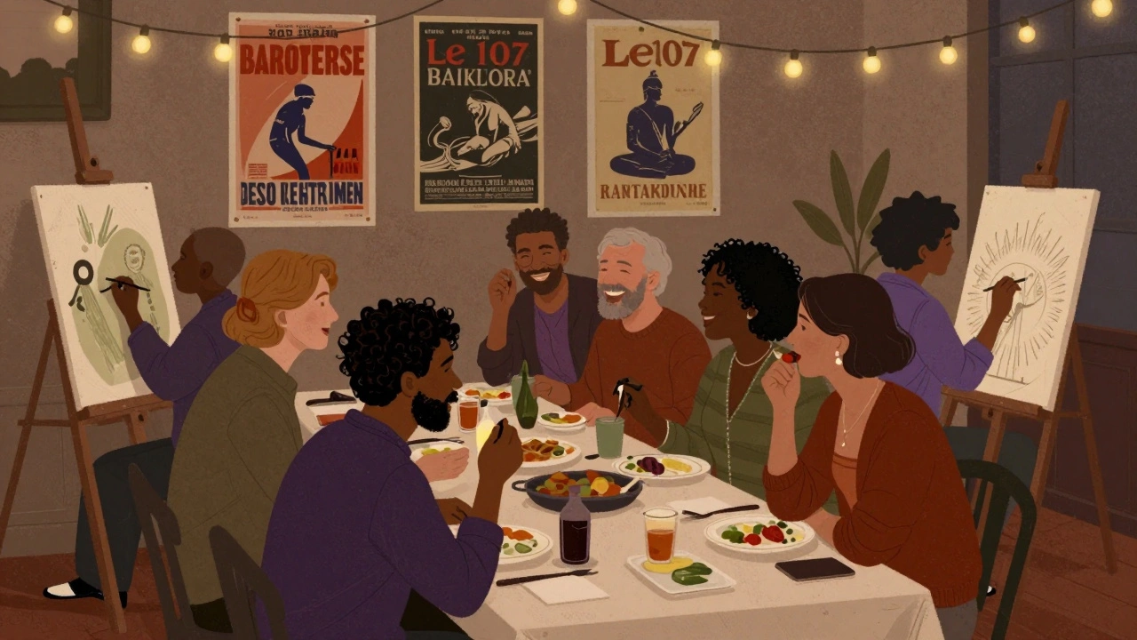 Diverse group sharing food and conversation at a community gathering in Paris.