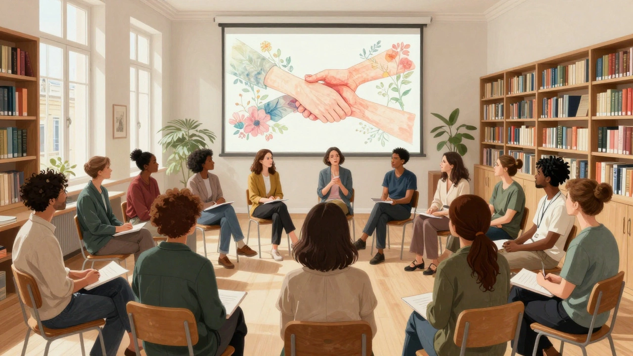 Diverse Parisians gather in a library for an open discussion about sexuality and intimacy.