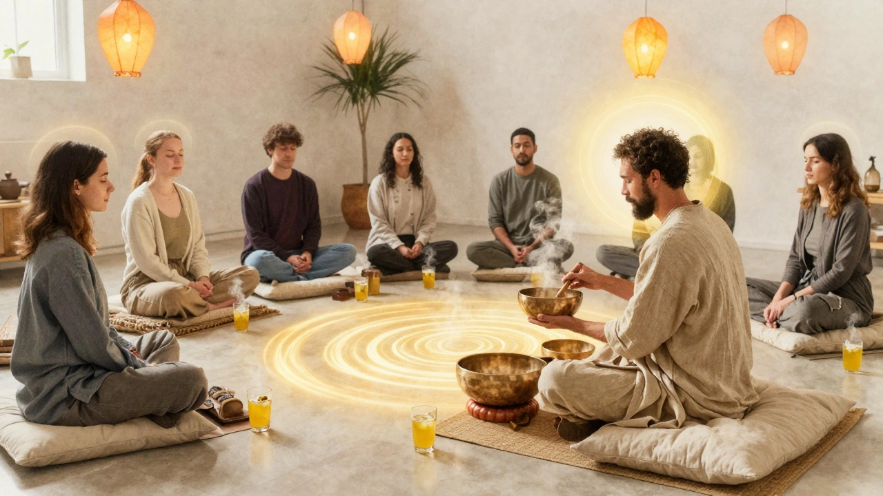 People meditating in a circle as Tibetan singing bowls emit golden sound waves, steam rising from herbal drinks in soft lantern light.