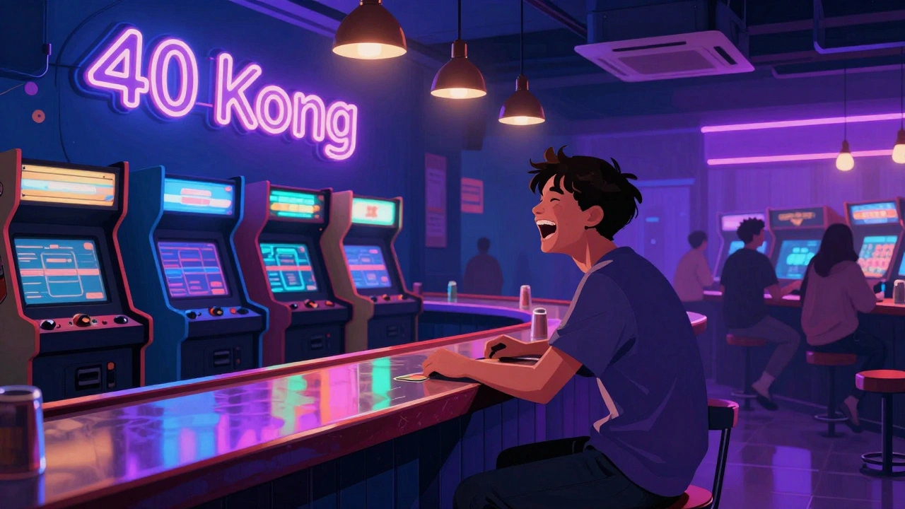 Retro arcade games with neon lighting in vibrant Dubai bar.