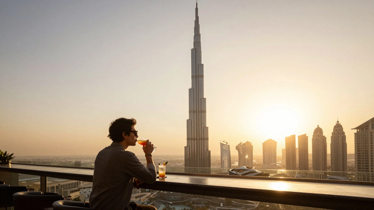 Rooftop bar with Burj Khalifa skyline during golden hour, cocktails in hand.