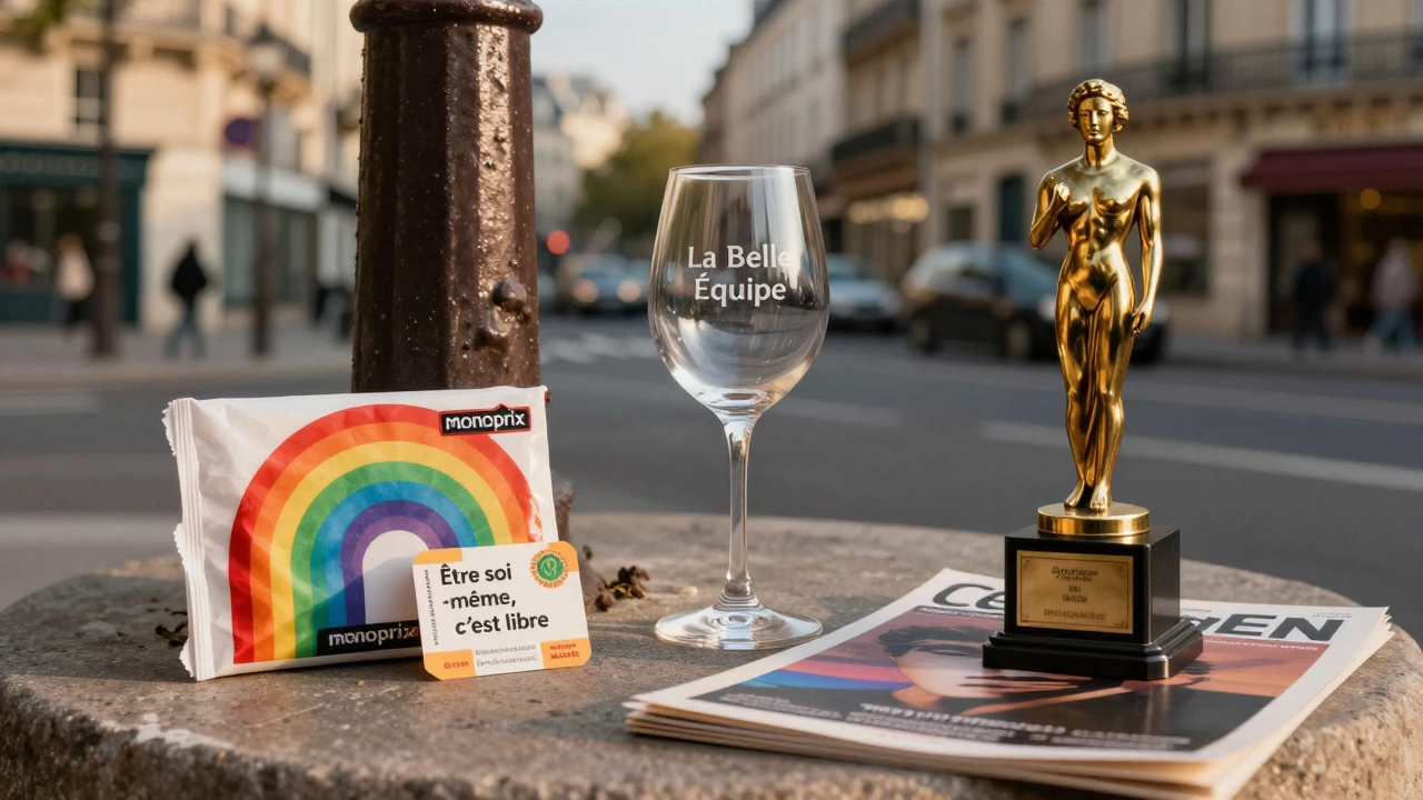 Symbolic objects representing queer inclusion in Paris: rainbow condoms, metro sticker, and film award.