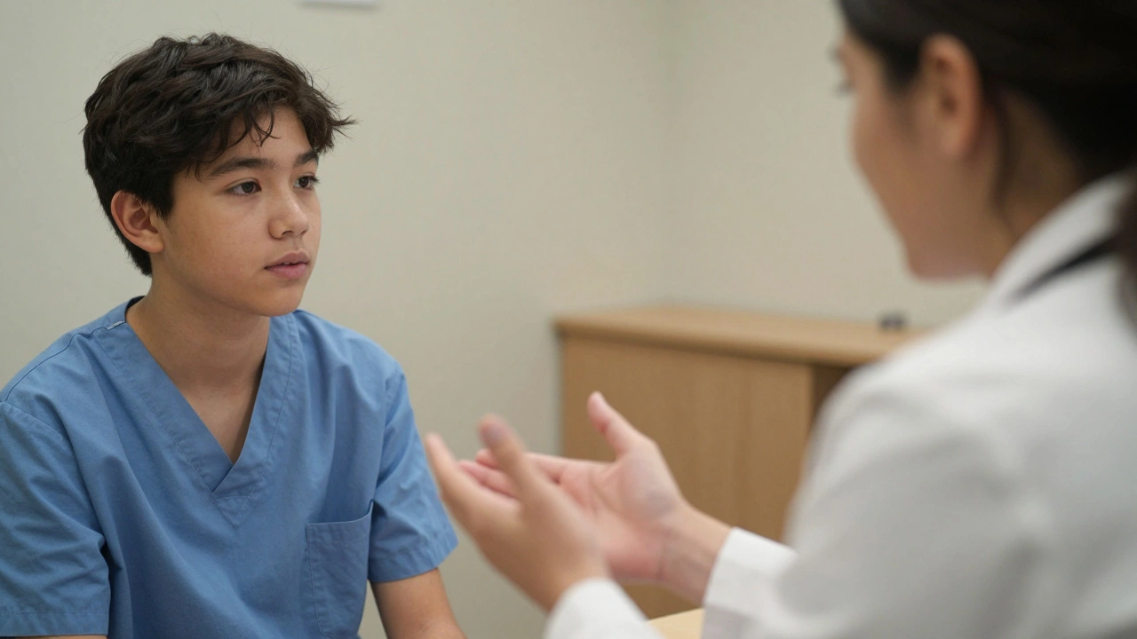 Teen receiving confidential sexual health consultation at Paris clinic.