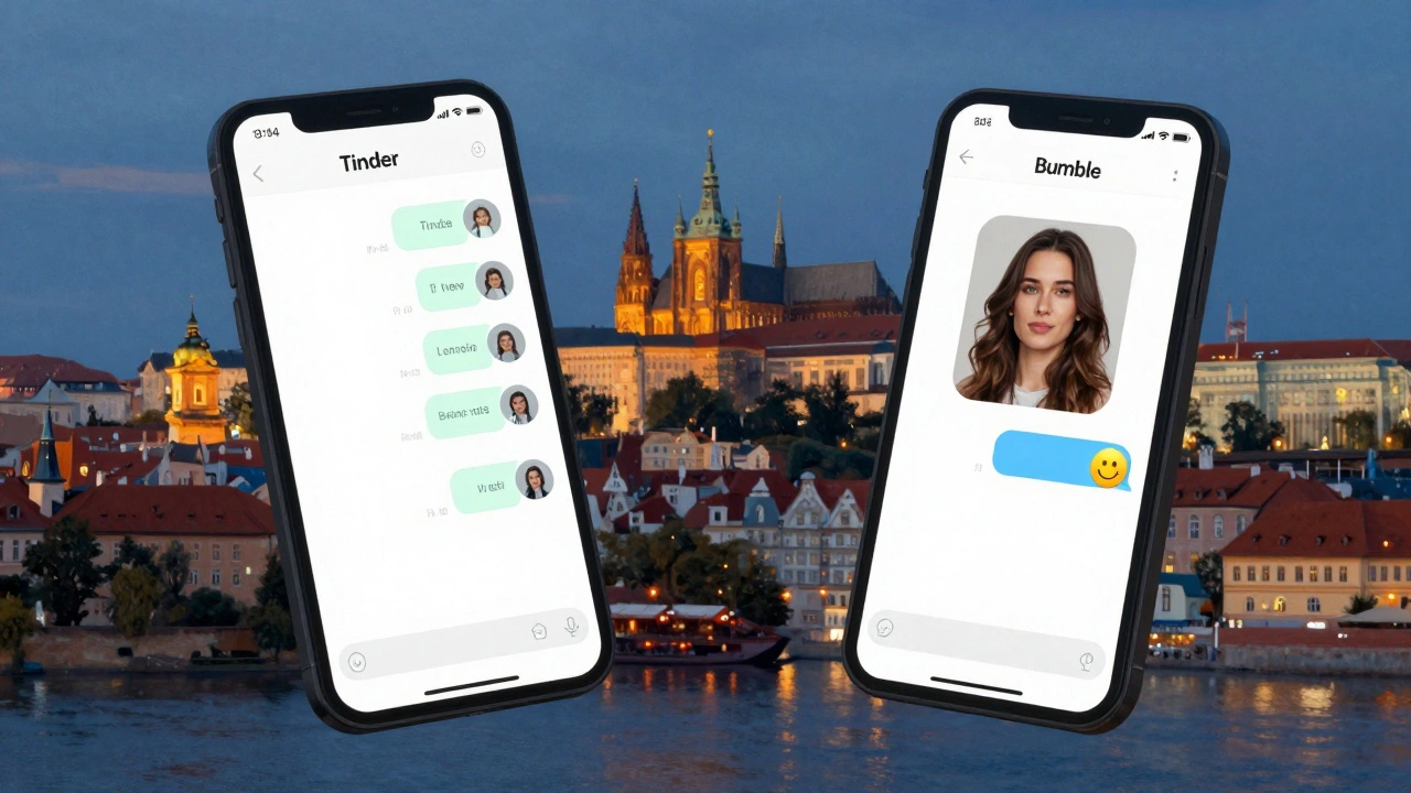 Two smartphone screens floating over a European cityscape, representing Tinder and Bumble.