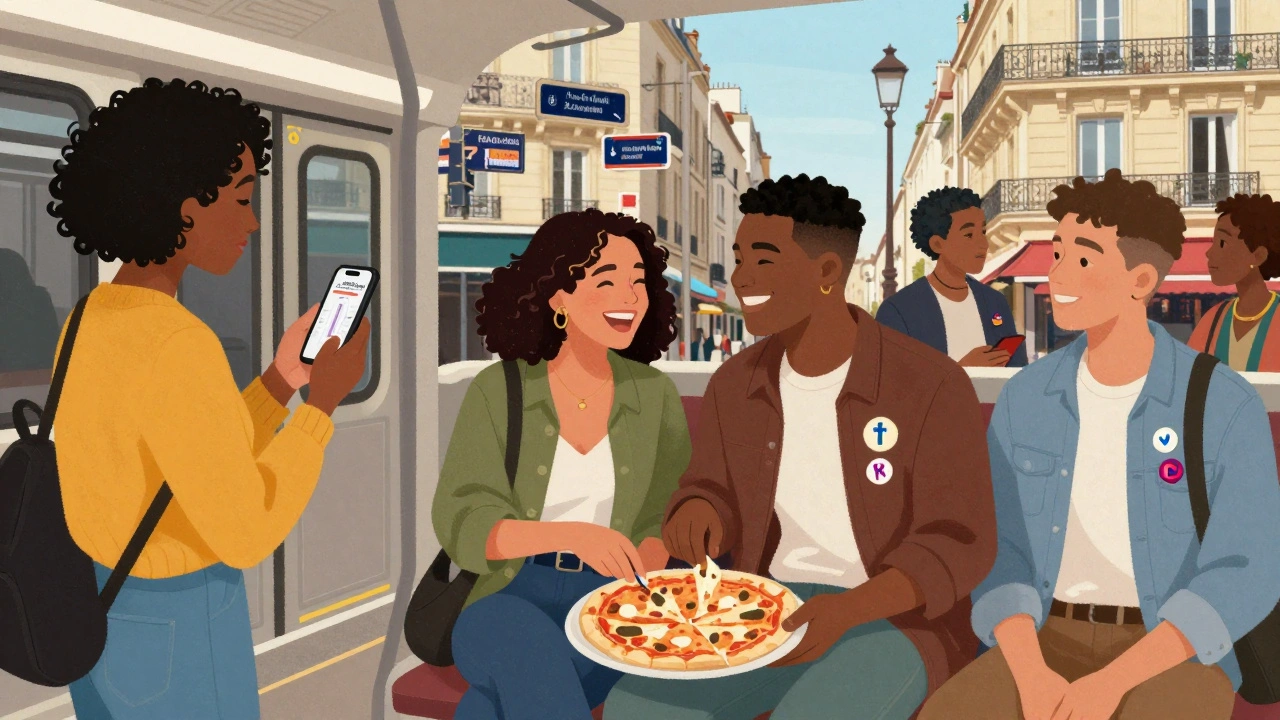 Young Parisians in diverse settings: uploading a test result, sharing pizza, and attending a queer event in the city.