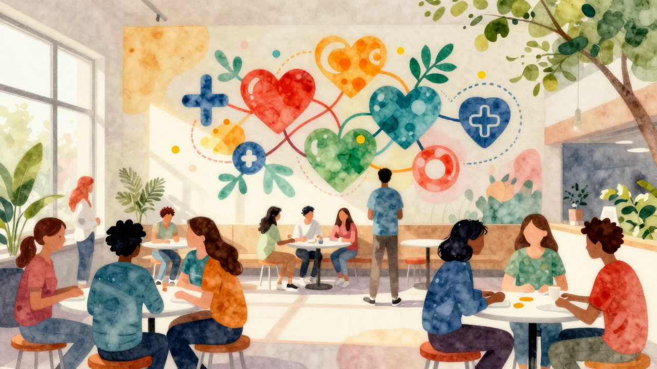 Youth gathering at Paris Health Hub discussing sexual health support.