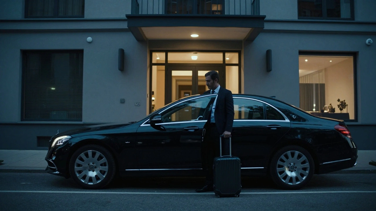 A black Mercedes idles quietly outside a discreet European apartment building at twilight.
