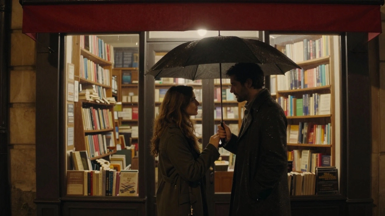 A couple sharing an umbrella under a bookshop awning in Saint-Germain-des-Prés, rain falling softly around them.
