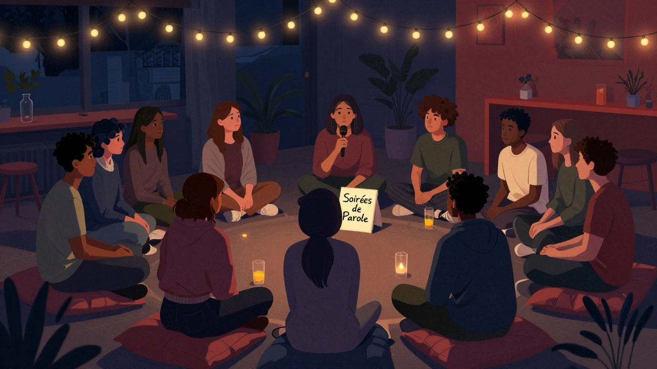 A diverse group listening in a circle during a Parisian storytelling evening called Soirées de Parole.