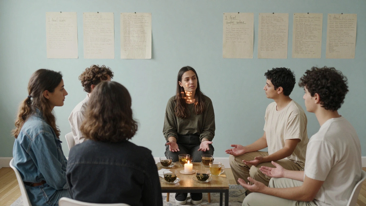 A group of couples in a quiet Parisian circle, listening to a facilitator during an intimacy workshop.