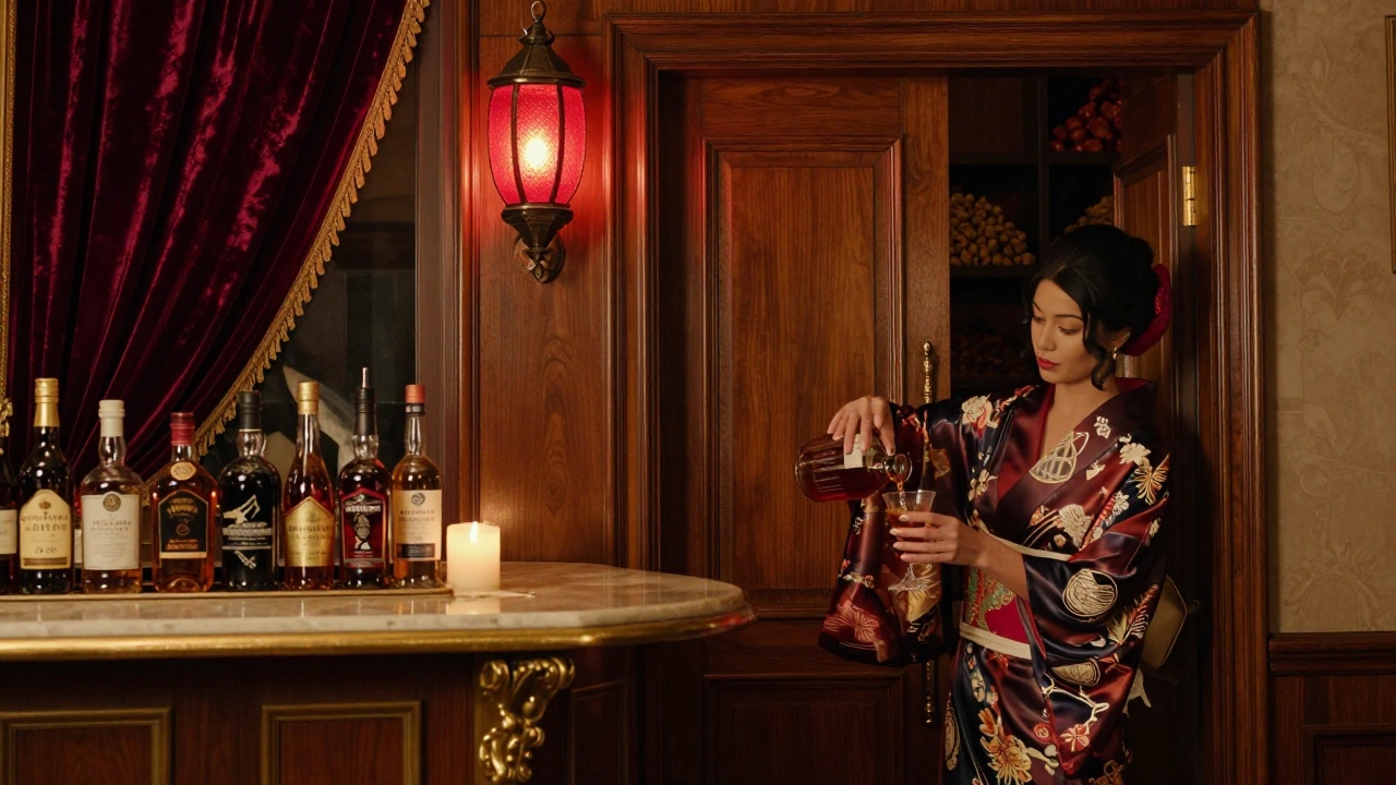 A hidden penthouse with a red lantern above a wooden door, lit by candlelight and velvet interiors.