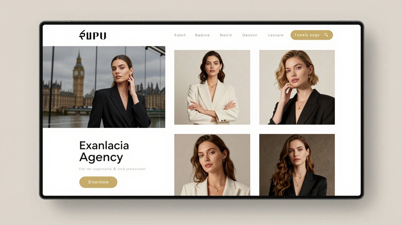 A luxury agency website concept featuring elegant portraits of Eastern European women against a muted London skyline background.