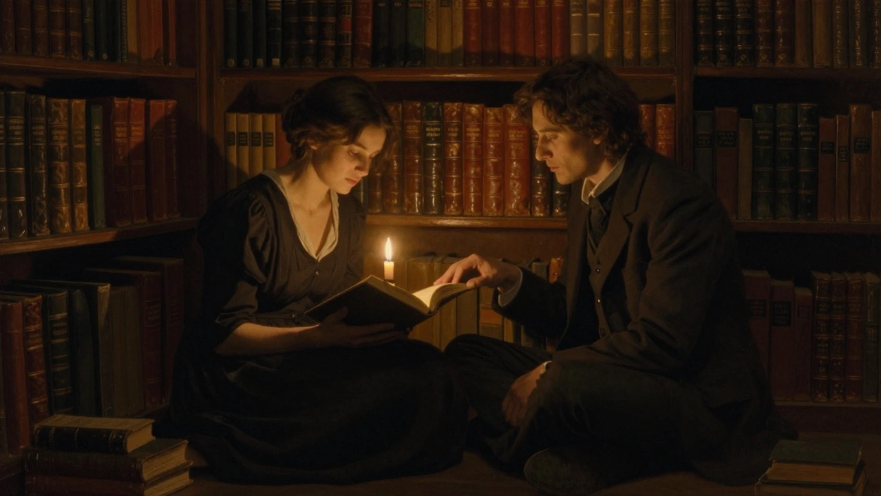 A man and woman sit together in a midnight library, reading in silence beside a single candle.