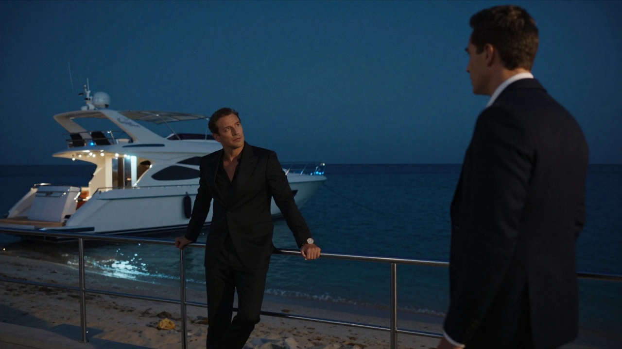 A man in a black suit stands on a yacht at midnight, a shadowy figure watches from behind, the sea calm under starless skies.