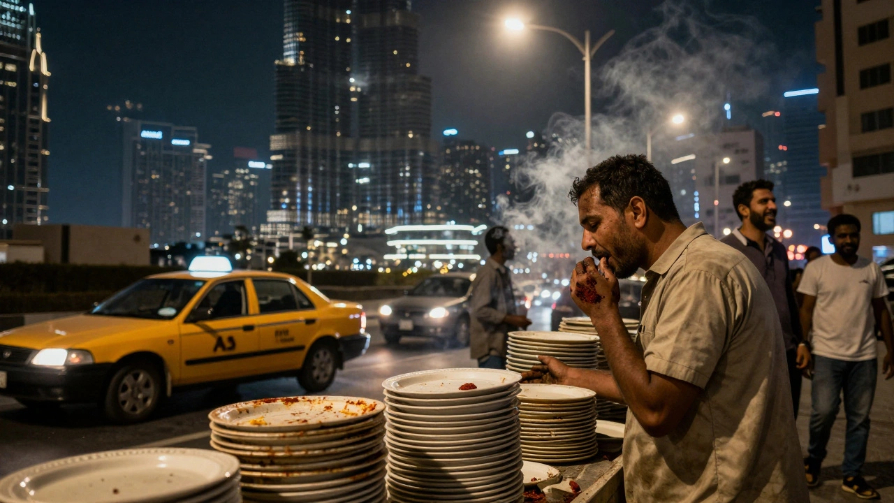 A man licking grease from his fingers at a Dubai street stall, shadows moving nearby, Burj Khalifa in distance.