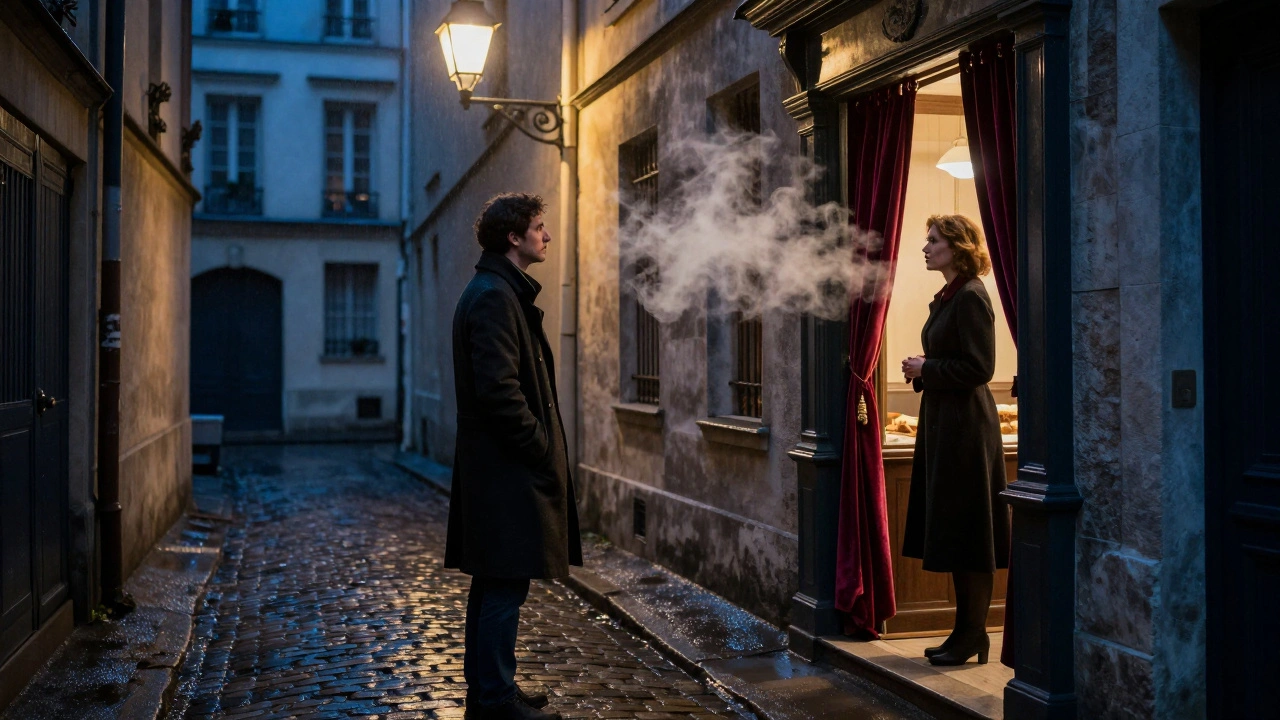 A man pauses in a misty Montmartre alley as a woman waits in a velvet doorway under a flickering lamp.