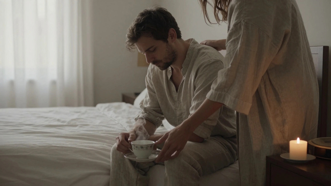 A man sits quietly on a bed as a woman places tea nearby, bathed in soft morning light.