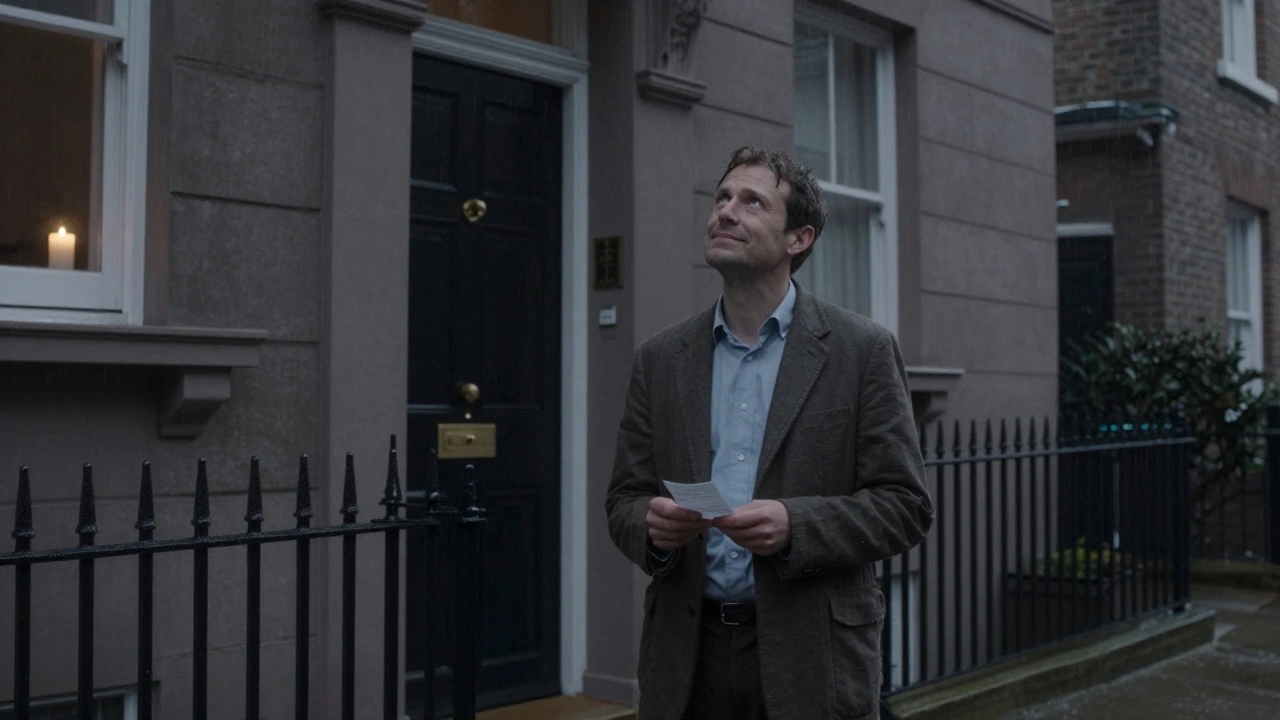 A man standing alone at dawn outside a London flat, holding a receipt, lost in quiet reflection.